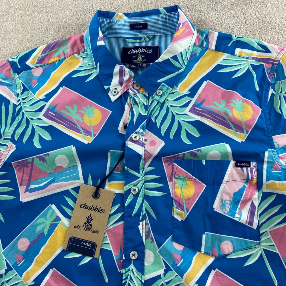 NWT Chubbies Friday Shirt Mens XL Blue Tropical Postcard Print